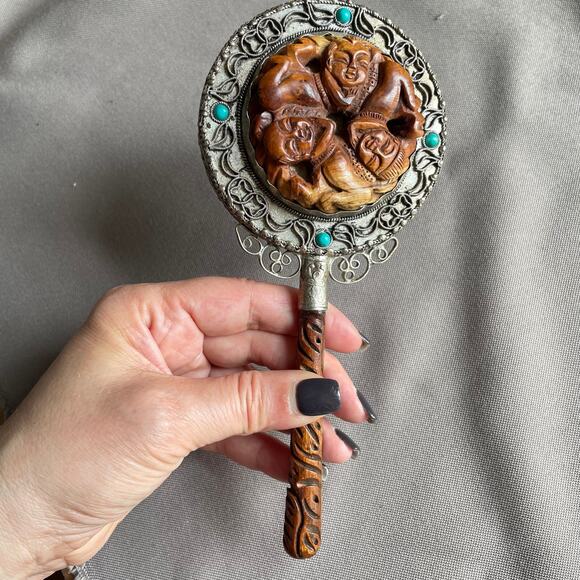 VTG Antique Carved Wood Silver Metal Round Hand Mirror Filigree Chinese Export - Picture 4 of 7